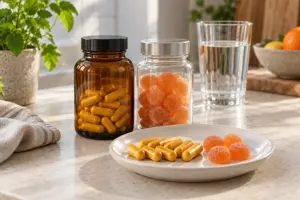 To umærkede glasbøtter med gule kapsler og orange vingummier på et køkkenbord, med en tallerken kapsler og vingummier foran og et glas vand bagved