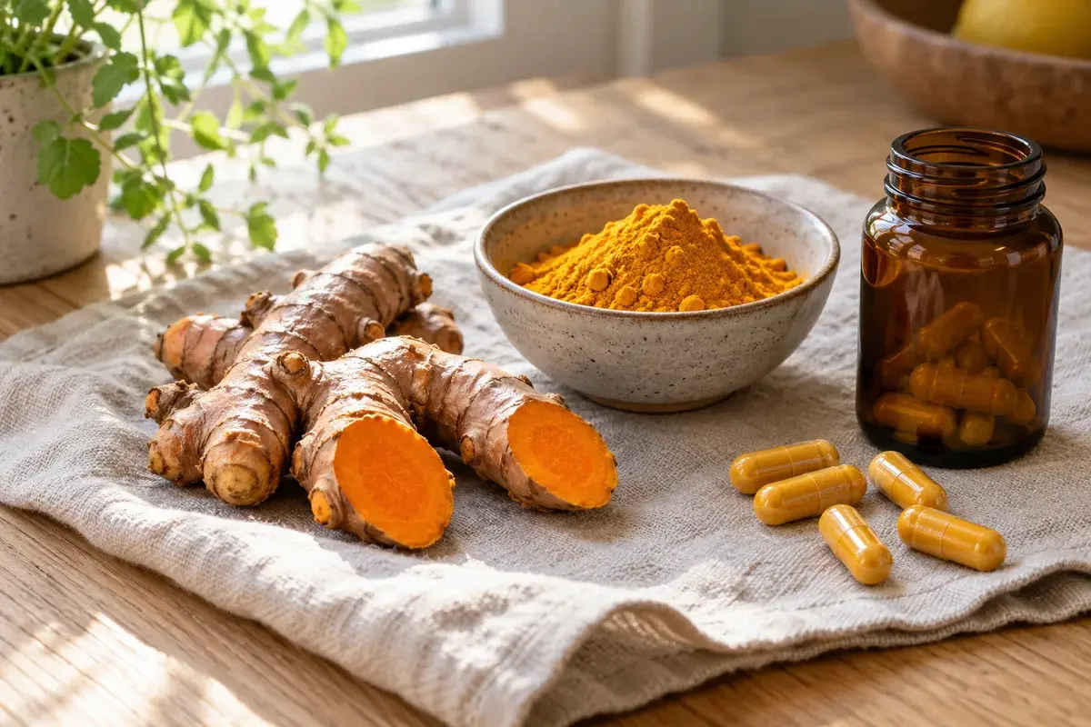 Frisk gurkemejerod skåret over, så det orange inderste ses, ved siden af en skål gurkemejepulver og en umærket brun glasbøtte med gule kapsler på en hørdug i morgenlys