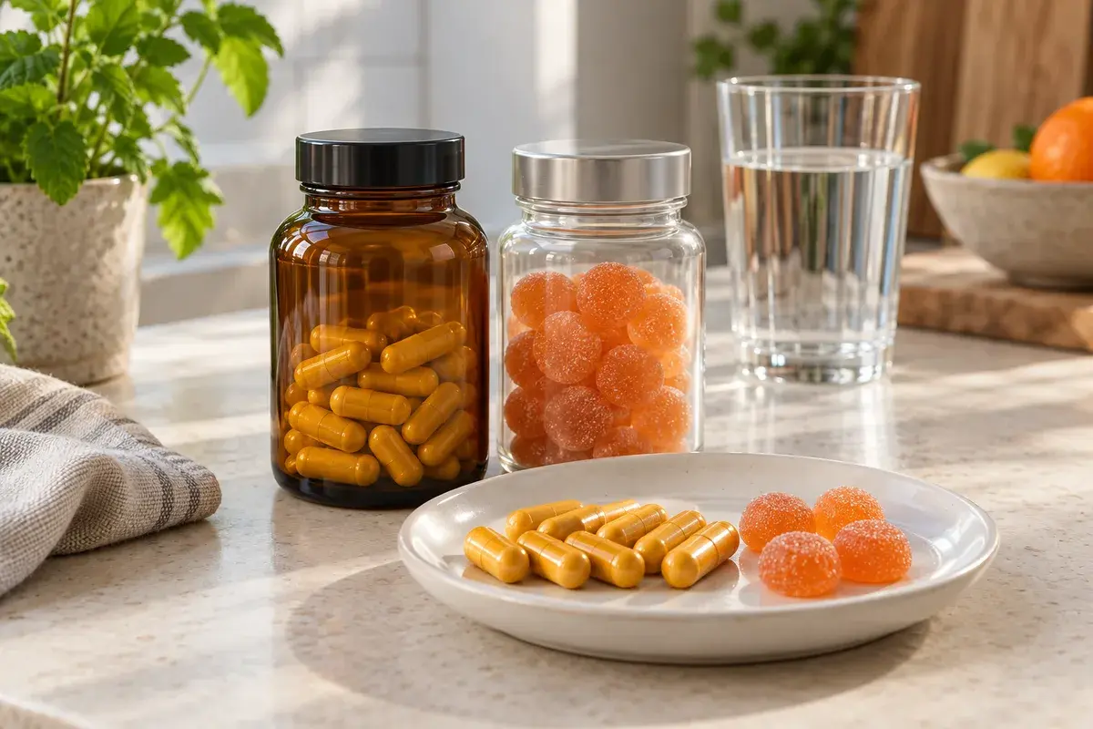 To umærkede glasbøtter med gule kapsler og orange vingummier på et køkkenbord, med en tallerken kapsler og vingummier foran og et glas vand bagved