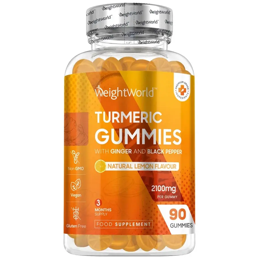 Gennemsigtig WeightWorld-bøtte med orange gurkemeje-vingummier med citronsmag, 90 stk